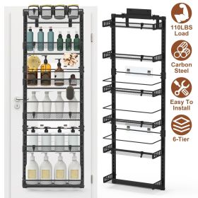Over The Door Pantry Organizer 6-Tier Pantry Door Organizer Carbon Steel 110LBS Loading Easy Install Behind Door Storage For Closet Kitchen Bathr (Color: Black)